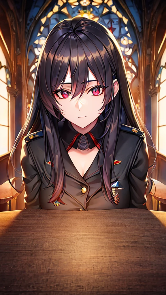 a young woman of 18 years old, wearing military uniform, long black hair, red eyes, demonic horns, demonic wings, dilapidated church, many black feathers floating, gothic, fantasy, cinematic lighting, dark, (best quality,4k,8k,highres,masterpiece:1.2),ultra-detailed,(realistic,photorealistic,photo-realistic:1.37),extremely detailed eyes and face,longeyelashes,professional,vivid colors, High angle