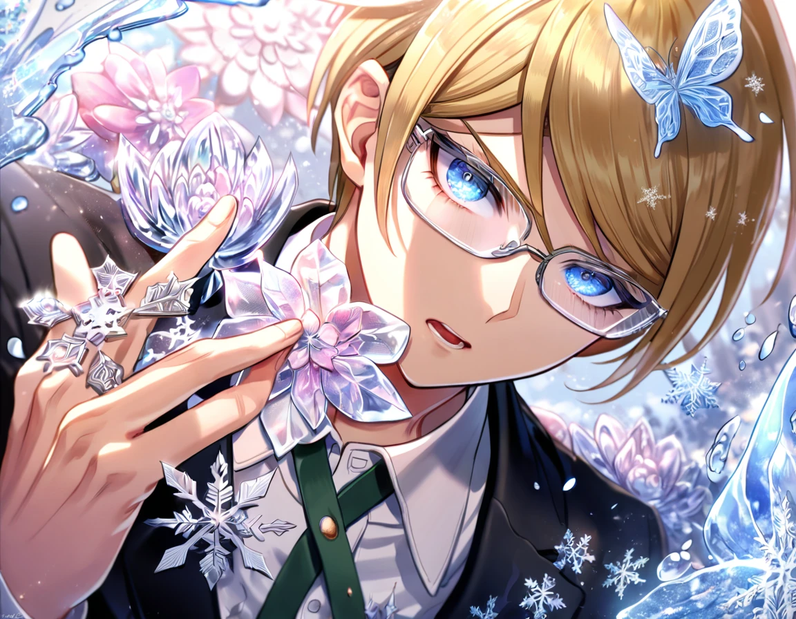 Ultra detailed, HDR, Highres, absurdres, master piece, Togami Byakuya, blonde hair, expressive blue eyes, white glasses, black jacket, white shirt, Danganronpa, handsome, ice glittering butterflies, ice, petals, ice pink glass flowers, glittering, fantasy, magical, snowflakes, cold, solo, sexy man,