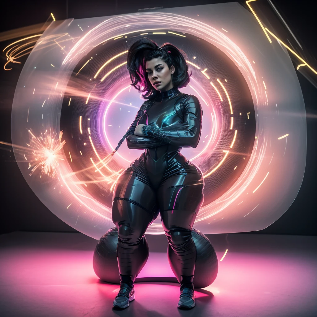 White muscled young beauty 25 years old woman wearing dark gray latex with red brilliant hologram characters projected by the suit on the air around her. She has a short dark hair. Ultrarealistic Art in 4k. She IS on stand in center of holographic gardem that IS created by his suit and he IS crossing arms like she IS falling in love. Background formed by light roses, Blur and sparkles. Words are drawned on her suit, like neon holographies, on the air surrounded her, ultra realistic Art.