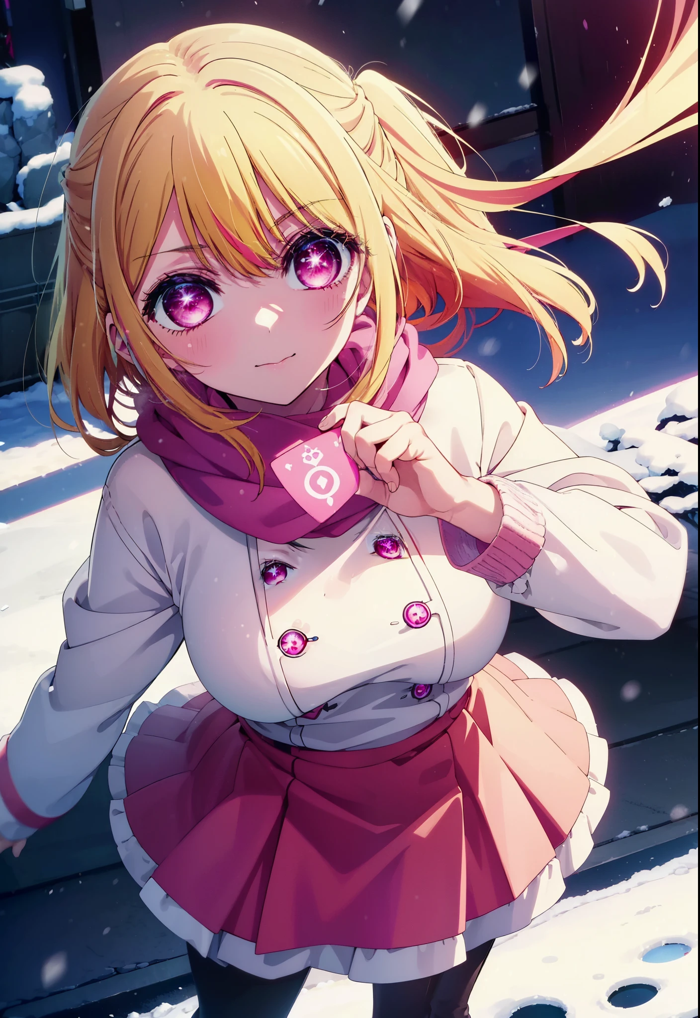rubyhoshino, Ruby Hoshino, Long Hair, bangs, blonde, (Pink Eyes:1.3), (Symbol-shaped pupil:1.5), Multicolored Hair, Two-tone hair, smile,white breath,Knitted hat,Purple scarf,Red long coat,Long skirt,Black Pantyhose,short boots,snow,snow,snow,snow,snowが積もっています,snowが降る,whole bodyがイラスト入るように,
break outdoors, Area,
break looking at viewer, whole body,
break (masterpiece:1.2), Highest quality, High resolution, unity 8k wallpaper, (shape:0.8), (Beautiful attention to detail:1.6), Highly detailed face, Perfect lighting, Highly detailed CG, (Perfect hands, Perfect Anatomy),