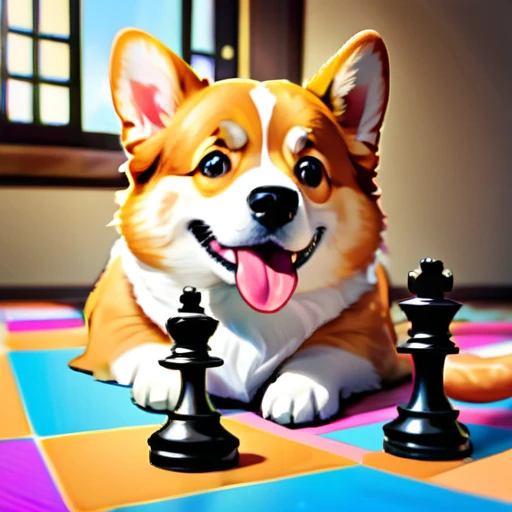 psychedelicstyle magic beamMake me a photo of cute corgi and cute cat playing chess.