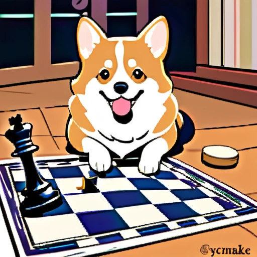 psychedelicstyle magic beamMake me a photo of cute corgi and cute cat playing chess.