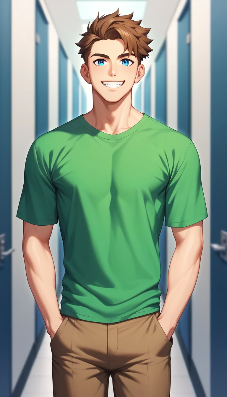 1 man, brown hair, blue eyes, white skin, solo, shoulder length hair, lean, sharp jawline, handsome, broad shoulders, tall, almond-shaped eyes, slight muscle definition, green button-up shirt, brown pants, kind smile, hands in pockets, hallway,