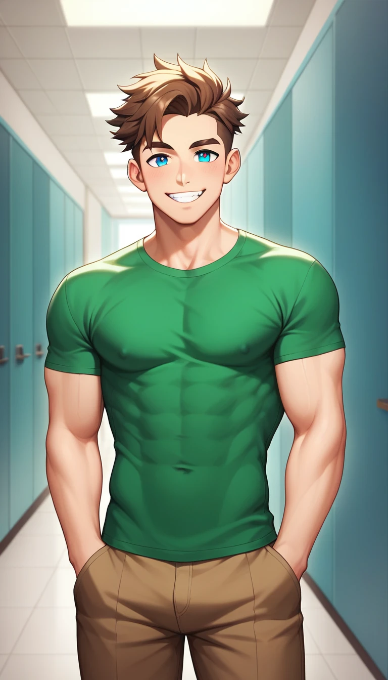 1 man, brown hair, blue eyes, white skin, solo, shoulder length hair, lean, sharp jawline, handsome, broad shoulders, tall, almond-shaped eyes, slight muscle definition, green button-up shirt, brown pants, kind smile, hands in pockets, hallway,