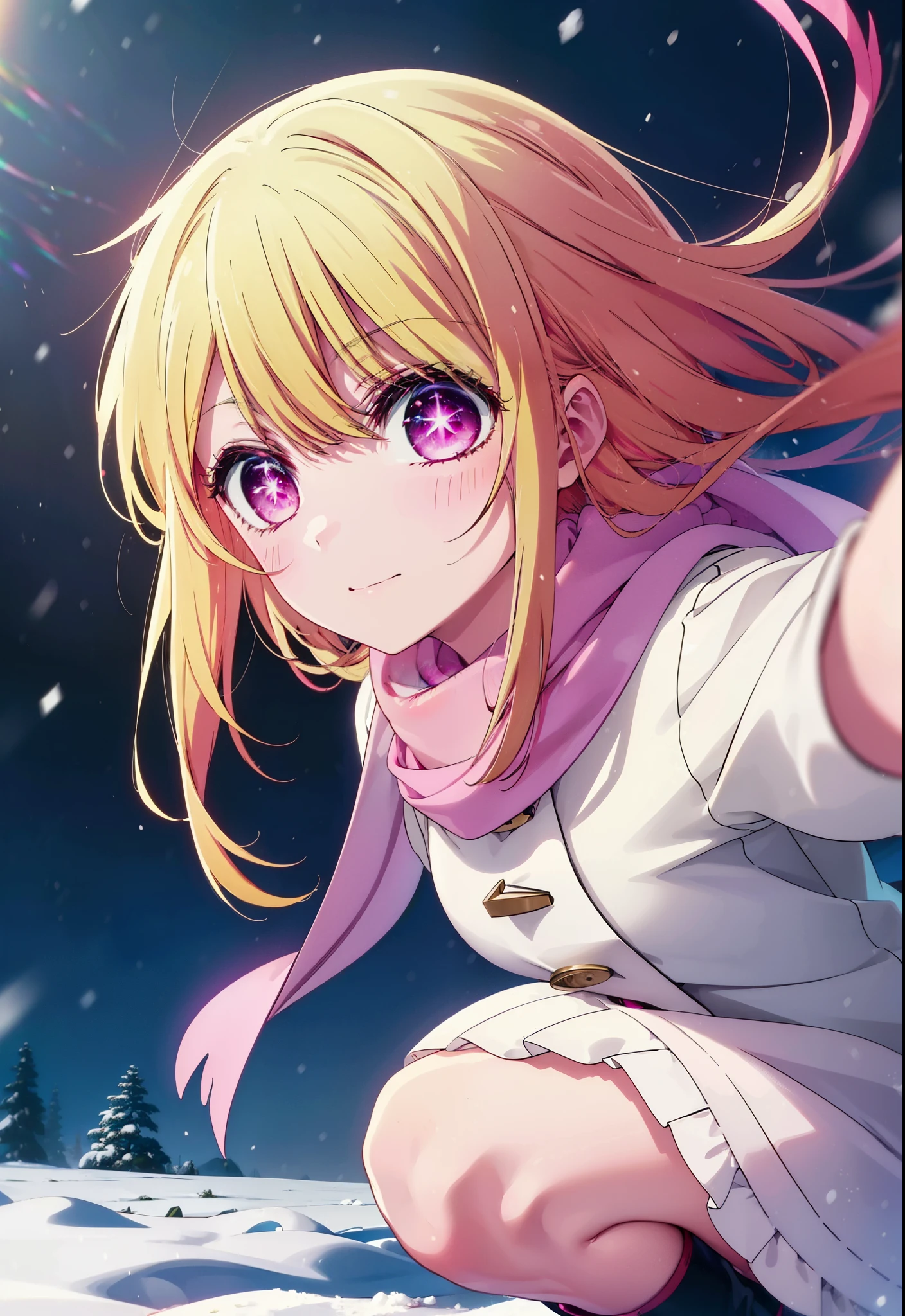rubyhoshino, Ruby Hoshino, Long Hair, bangs, blonde, (Pink Eyes:1.3), (Symbol-shaped pupil:1.5), Multicolored Hair, Two-tone hair, smile,white breath,Knitted hat,Purple scarf,Red long coat,Long skirt,Black Pantyhose,short boots,snow,snow,snow,snow,snowが積もっています,snowが降る,whole bodyがイラスト入るように,
break outdoors, Area,
break looking at viewer, whole body,
break (masterpiece:1.2), Highest quality, High resolution, unity 8k wallpaper, (shape:0.8), (Beautiful attention to detail:1.6), Highly detailed face, Perfect lighting, Highly detailed CG, (Perfect hands, Perfect Anatomy),