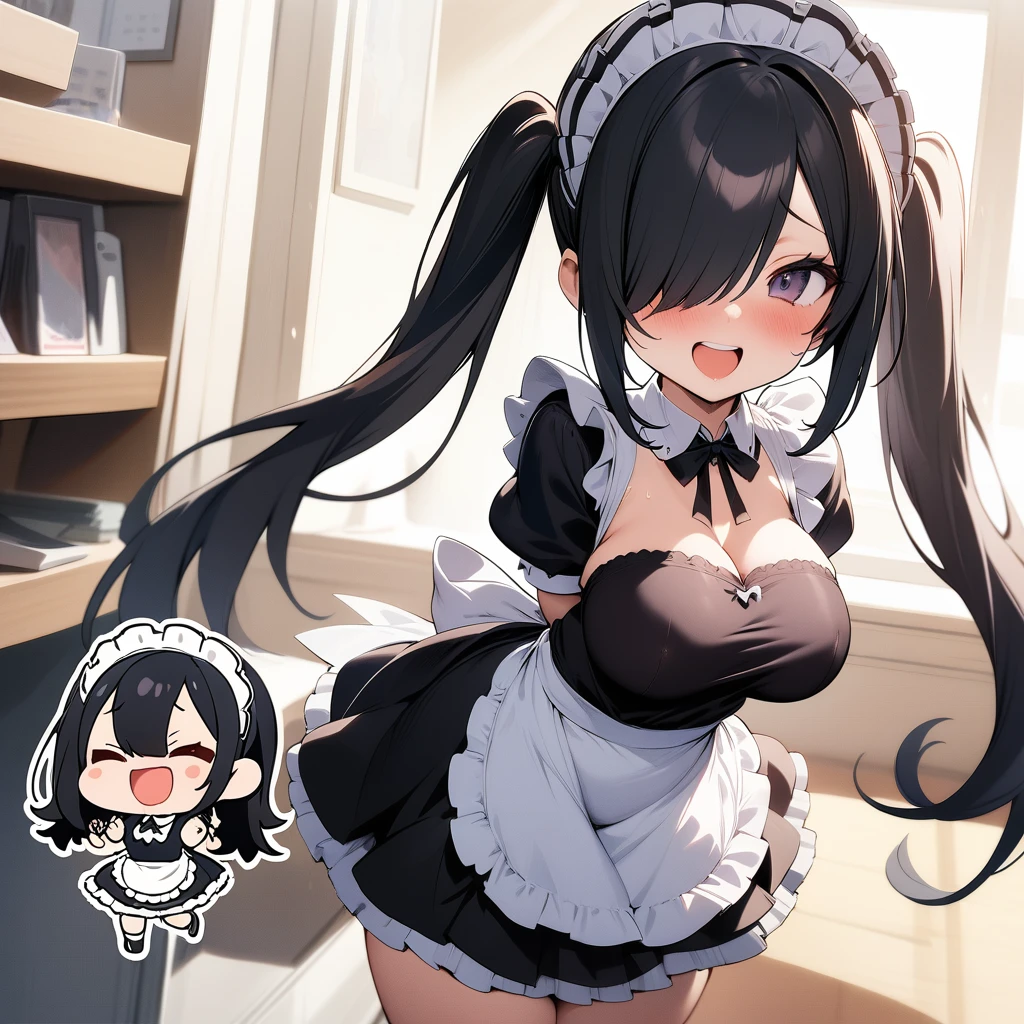 nsfw,1girl,Solo,cute smile,blackhair,red eyes,purple and red,Maid,black skirt,red bow,black Shiny pantyhose,Large sleeves,(1body),(erection),(looking_at_penis:1.3),masterpiece, best quality, very aesthetic, absurdres,pov Face,(Between legs:1.5),(Face on penis:1.5),(steam:1.5)