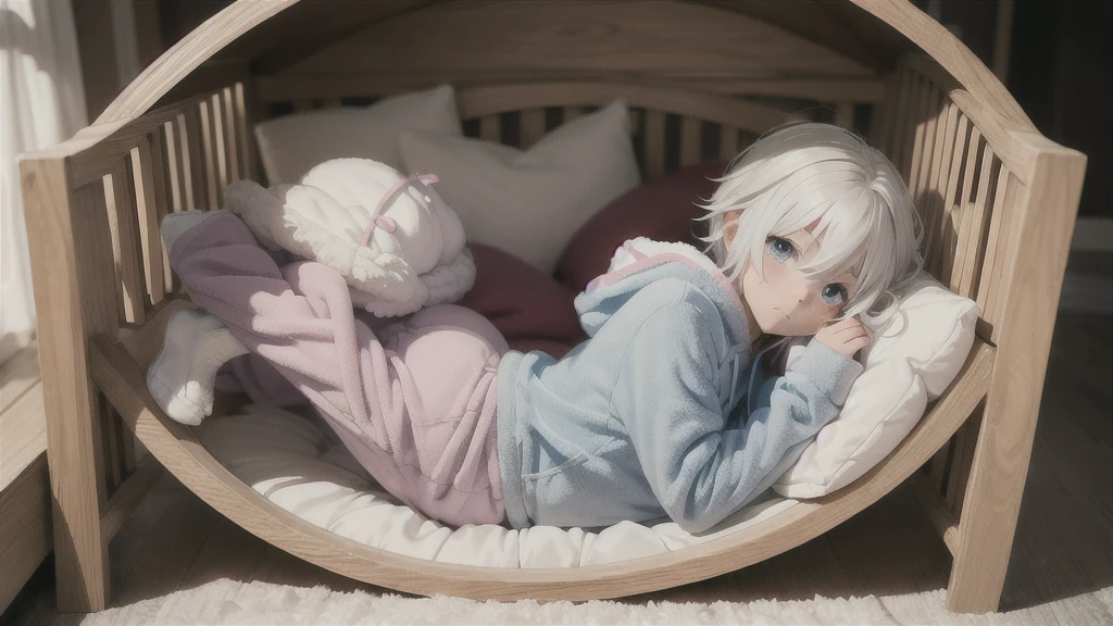 an anime image of a  boy with white hair wearing a thick diaper underneath fox hoodie-footie pjs, hoodie-footie pjs, sleeping in a crib, nursery, (1boy), adorable, masterpiece, extremely detailed, beautiful eyes, sharp focus, vivid colors, studio lighting, intricate details, soft textures, cozy atmosphere, high quality, hood down,
