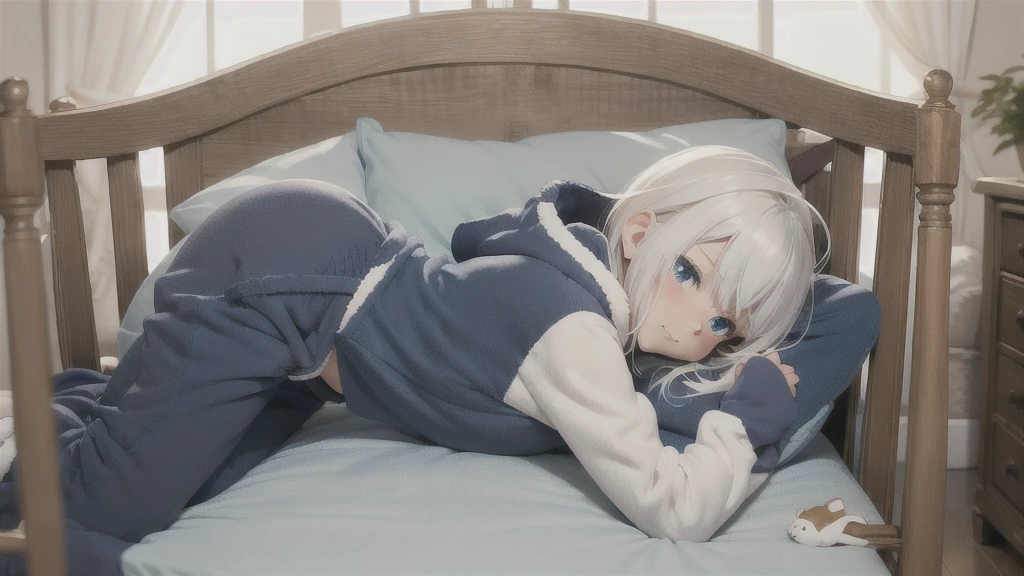 an anime image of a small boy with white hair wearing a thick diaper underneath fox hoodie-footie pjs, hoodie-footie pjs, sleeping in a crib, nursery, (1boy), adorable, masterpiece, extremely detailed, beautiful eyes, sharp focus, vivid colors, studio lighting, intricate details, soft textures, cozy atmosphere, high quality, hood down,
