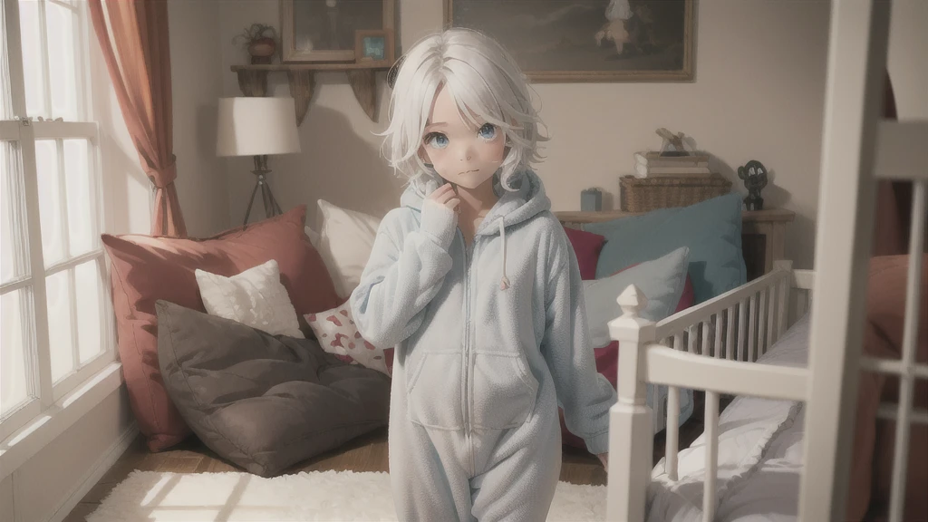 an anime image of a small boy with white hair wearing a thick diaper underneath fox hoodie-footie pjs, hoodie-footie pjs, sleeping in a crib, nursery, (1boy), adorable, masterpiece, extremely detailed, beautiful eyes, sharp focus, vivid colors, studio lighting, intricate details, soft textures, cozy atmosphere, high quality, hood down,
