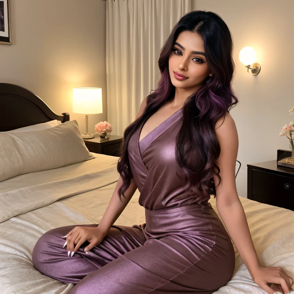 Create an ultra-realistic image of a modern, attractive female influencer of Indian descent, aged between 27 to 30. She should have a warm and inviting smile, expressive almond-shaped eyes with a slight shimmer, and clear, glowing skin with a medium brown complexion. Her features should be well-defined, with high cheekbones and a sharp jawline. Her hair should be long, thick, and wavy, with a natural shine and bounce, styled in loose waves, colored a deep, reddish-purple hue that’s bold yet sophisticated. She should have a slender yet athletic build, reflecting a healthy and active lifestyle.

She is wearing a yellow salwar suit with simple and minimal designs, sitting on a bed in a room, ready to go to sleep. Her bust size is medium (44-46 inches), offering a balanced and proportionate look that fits a variety of body types. She is not wearing any accessories.

The background is a cozy, softly lit bedroom setting, suggesting a peaceful and relaxing environment. Her overall appearance should exude natural beauty, relaxation, and comfort, capturing the essence of a contemporary Indian fashion influencer in a personal and intimate moment.