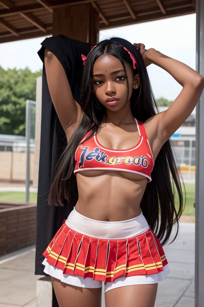 1 hot girl, dark skin, black eyes, ahegao, african, long hair, school girl, , small breasts, navel, exposing clothes, cheerleader, hand behind head, armpits, tight body, big lips