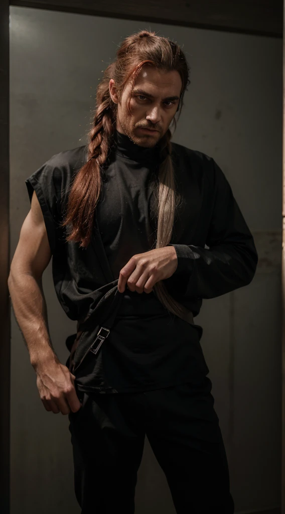 (Humorous, high resolution, ultra-detailed), 1 adult male with a handsome appearance. He has waist-length silver hair tied in a high ponytail, and a tuft of red hair on the left side of his forehead. His eyes are blood red, and he has an Eastern facial structure. He has a hot-tempered and fierce gaze, with a cautious personality. His mouth has a merciless expression, indicating a tendency towards violence.