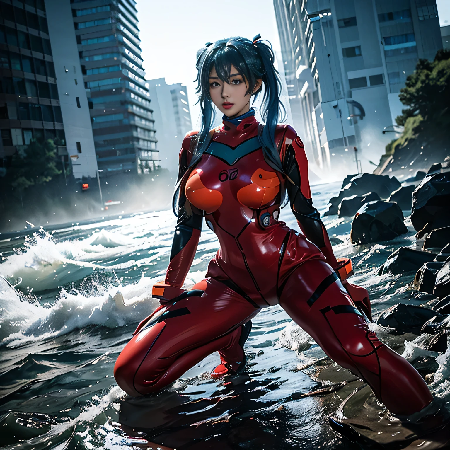One girl, solo, blue side pigtails, bright blue hair, blue hair, looking at viewer, blue eyes, red lips, very long blue hair, full body, large breasts, ball-shaped breasts, tight waist, Japanese with a kind face, running through a knee-deep river, beautiful Japanese woman in a skin-tight rubber suit, sleeves, hem, coming towards the front, standing, accentuating the shape of both breasts, rubber suit sandwiched between breasts