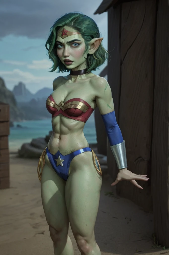 Goblin 1girl, wonder woman, breasts, standing, ((small breast)), solo, (abs), ((green hair)), short hair, green eyes,, Big breasts, thick legs, micro bikini, green skin. very short hairstyle. very small breasts. huge hips. choker. bbw. swimsuit. red eyes. red lips,, micro bikini,short blond hair,pointy ears, blue eyes, light makeup, midriff, flat chest, navel, lips, seductive smile, bridal gauntlets, blue tunic, long sleeves, night, tavern,