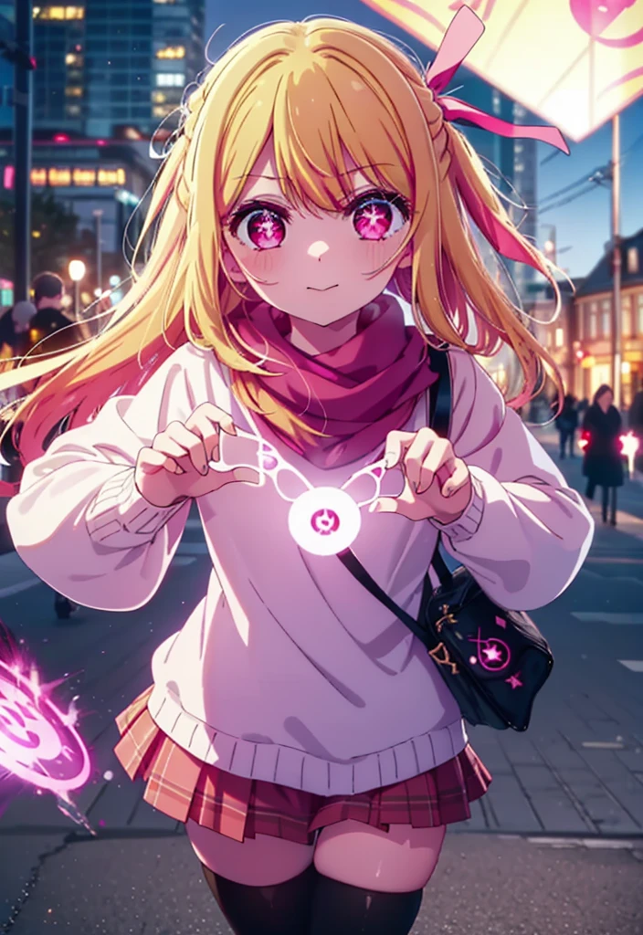rubyhoshino, Ruby Hoshino, Long Hair, bangs, blonde, (Pink Eyes:1.3), (Symbol-shaped pupil:1.5), Multicolored Hair, Two-tone hair, smile,white breath,Knitted hat,Purple scarf,Red Sweater,Long skirt,Black Pantyhose,short boots,,Snow is piling up,it's snowing,whole bodyがイラスト入るように,
break outdoors, Area,
break looking at viewer, whole body,
break (masterpiece:1.2), Highest quality, High resolution, unity 8k wallpaper, (shape:0.8), (Beautiful attention to detail:1.6), Highly detailed face, Perfect lighting, Highly detailed CG, (Perfect hands, Perfect Anatomy),