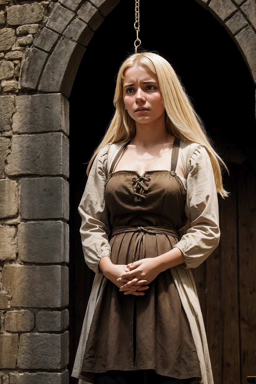 an average blonde woman, 20 years old, in an medieval scene, standing in front of a gallow, her hands tied, she is crying tears