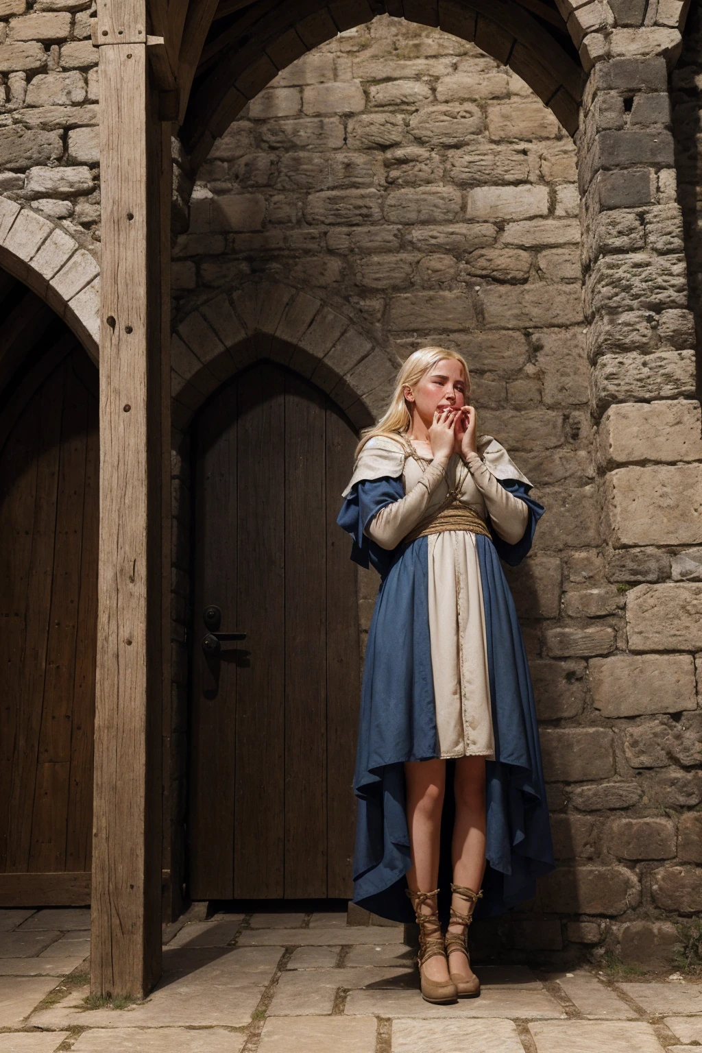 an average blonde woman, 20 years old, in an medieval scene, standing in front of a gallow, her hands tied, she is crying tears