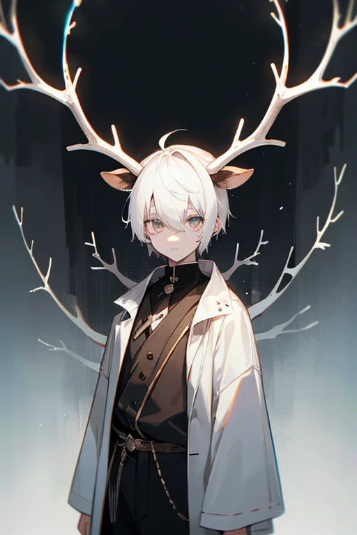 A white-haired boy with white eyes without pupils and glowing eyes with deer antlers