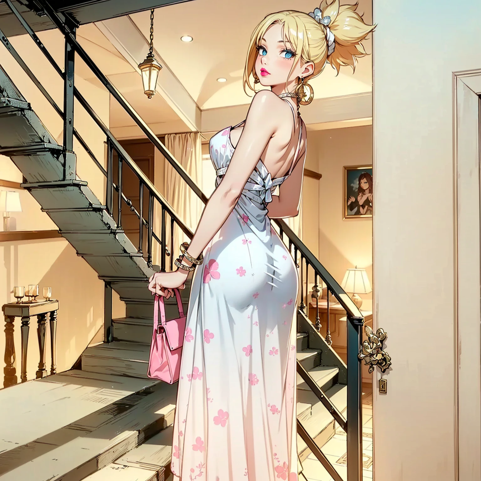 ((1woman, (Alone, 1girl, alone), Kohaku, blonde hair, blue eyes, tied hair)), smug, ((Alone, (1 woman, pink lipstick), extremely detailed, soft ambient lighting, 4K, perfect eyes, a perfect face, perfect lighting, the 1 girl)), austere, ((white dress, printed dress, high heels, holding a bag, walking up a staircase, mansion hall, bracelet, earrings, elegant))