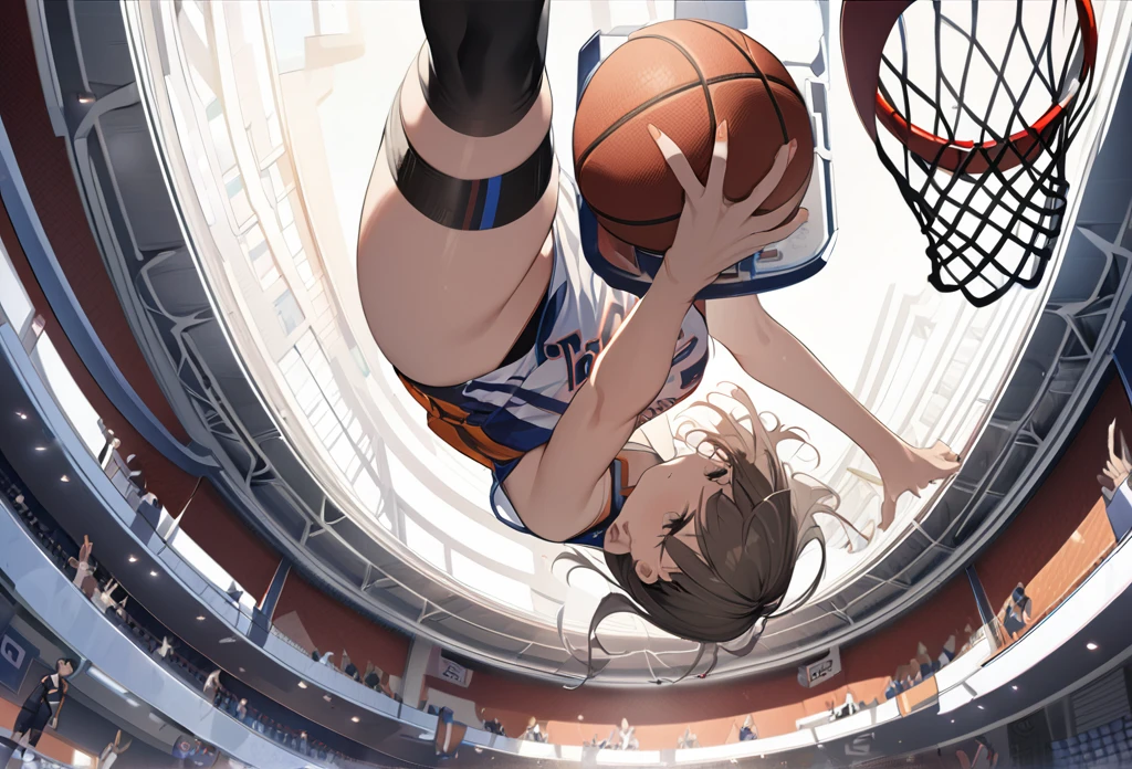 ((masterpiece, Highest quality, High resolution)), ((Highly detailed CG integrated 8K wallpaper)), Female Basketball Player, Make a powerful dunk, View from below, dynamic sports photography,Black knee-high socks