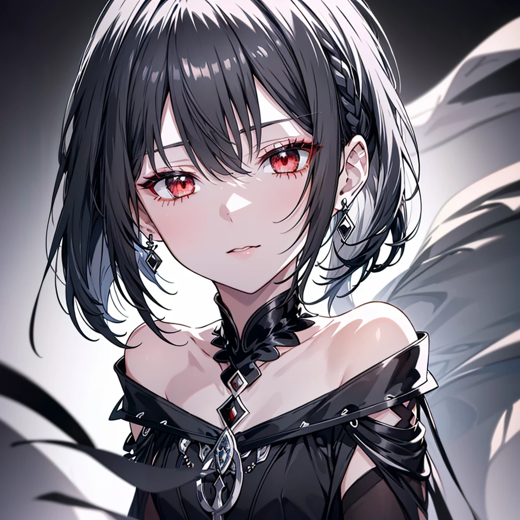 8k,High resolution RAW color art,Anime Art, (((Very detailed and cool))), Detailed skin, Blur、texture,(Exquisitely crafted, The finer details, Ultra-detailed art), (((1 girl))), Depth of written boundary, Silky Touch, Hyper Detail, (((Cool face))), eye shadow、Silver Marble Skin, Beautiful detailed red eyes, Beautiful lip detail, Highly detailed face, Delicate depiction of hair and eyes, Detailed Fashion, Silver earrings,Silver Bracelet、Full body depiction, Black half top、(((Shoulder Bare)))、Black shorts、black waist cloak、black tights、 Slightly dark grey hair, Straight Hair、Short Hair、(((Hair)))、water surface、silk clothes