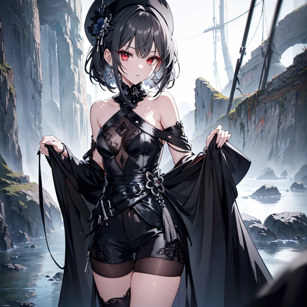 absurdres, RAW photo, extremely delicate and beautiful, masterpiece, Best Quality, ultra high resolution, 32k, hyperrealistic, ultra-detailed, perfect figure, tearful mole, earring, whole body shot, short medium hair, wavy hair, Practical pirate clothing, Long-sleeved pirate top, Skirt,Torn pirate hat, 
