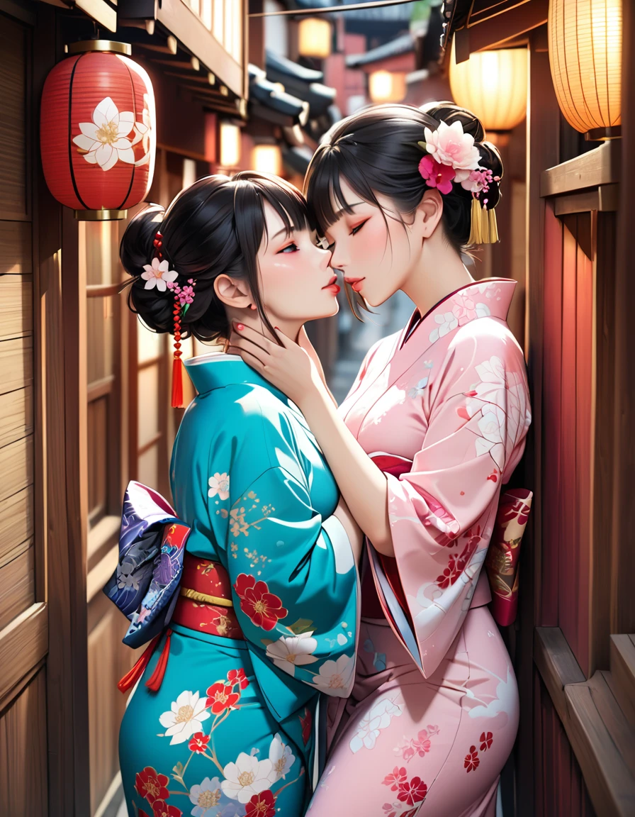 4k, high res. Japanese girl in a short kimono. Kissing another girl. One girl looking at the camera, other girl eyes closed. Girls are touching each other