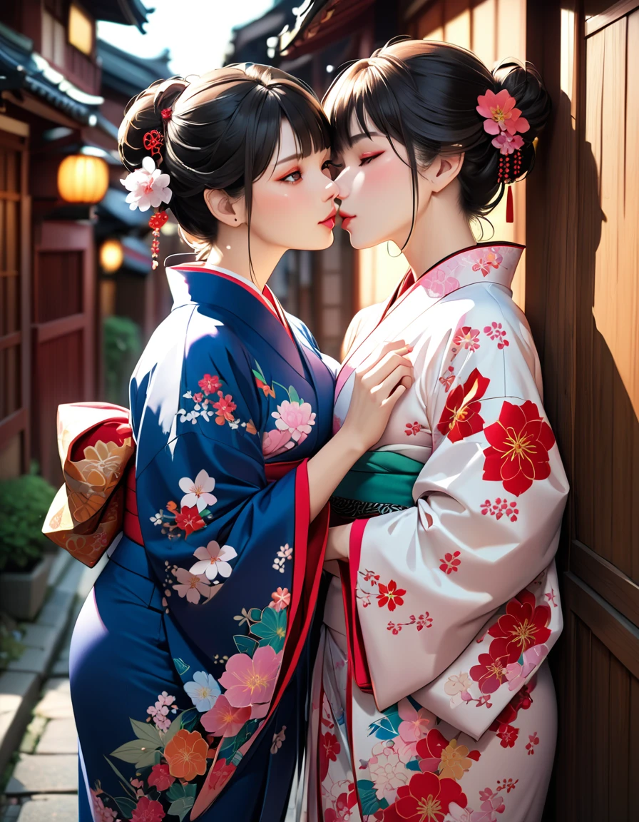 (masterpiece,Highest quality,High resolution,Highest quality,Super detailed),8k,wallpaper,An illustration,2 women,Women kissing in a narrow alley,(((Beautiful Face,Detailed face,Beautiful Eyes,Beautiful Nose,Pretty lips))),(((Beautiful Skin))),(Glowing Skin),Beautiful kimono,Beautiful feet,(((Hand,detailed,perfect.perfection,hands))),(front:1.5),((Cowboy Shot:1.5)),(((The city of Kyoto))),(dynamic)