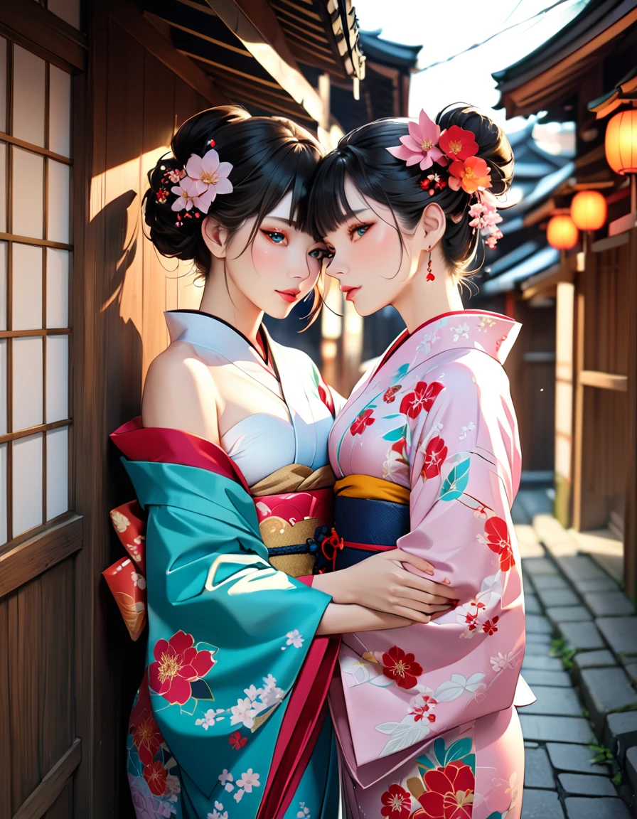(masterpiece,Highest quality,High resolution,Highest quality,Super detailed),8k,wallpaper,An illustration,2 women,Women kissing in a narrow alley,(((Beautiful Face,Detailed face,Beautiful Eyes,Beautiful Nose,Pretty lips))),(((Beautiful Skin))),(Glowing Skin),Beautiful kimono,Beautiful feet,(((Hand,detailed,perfect.perfection,hands))),(front:1.5),((Cowboy Shot:1.5)),(((The city of Kyoto))),(dynamic)
