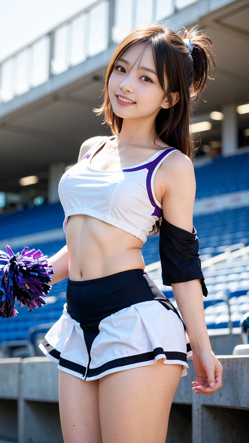 ((metallic Cheerleaders:1.5)), (Mainly black, white and purple. Tight one-shoulder tops:1.3), (Black, purple tight skirt:1.3), (latex:1.2), sun, (toyota stadium:1.4), (from behind:1.5), (dynamic pose:1.3), (cowboy shot:1.3), clear sky, 1girl, (huge breasts:1.6), (light brown short hair:1.6), (pixie cut:1.6), (bangs:1.3), (abs:0.5), (narrow waist:1.8), (skinny:1.5), (collabones:1), (wide forehead:1.3), (fair skin:1.5), (transparent skin:1.5), (towering:1.2), (smile:1.5), (embarrasshed:1.4), (shy:1.5), (open mouth:1.5),  (18 years old:1.5), (8k, RAW photo:1.2),detailed face and eyes,best quality,highly detailed ,intricate detail ,masterpiece ,cute girl ,intricate detail, hyperdetail,sharp focus