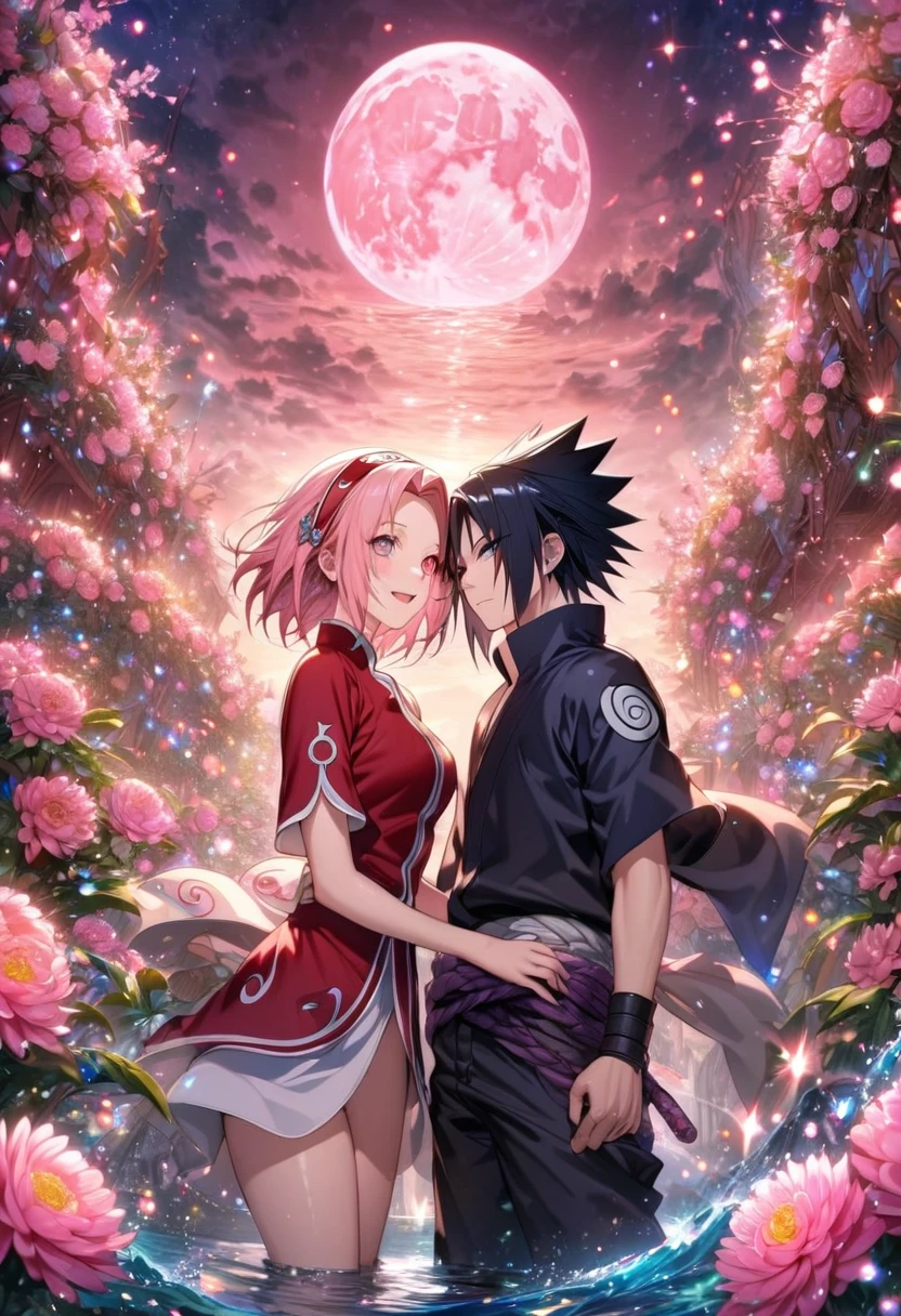 absurdres, highres, ultra detailed, HDR, master piece, best quality, extremely detailed, Uchiha Sasuke, black hair, expressive red eyes, Naruto Shippuden, Haruno Sakura, pink hair, expressive green eyes, handsome man together with a beautiful woman, smile, white shirt, red shirt, fantasy, water, sparkling, pink glittering fireflies, pink moon, pink blossoms, pink chrysanthemums, pink sparkling lights, starry sky, magical
