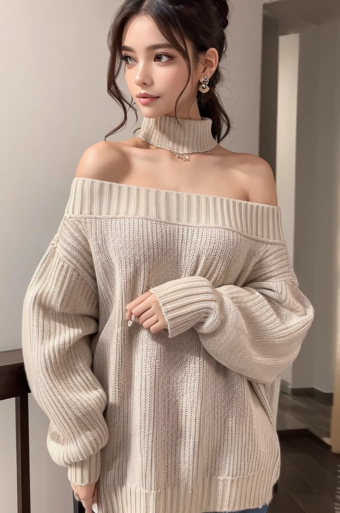 ((Highest quality)), ((masterpiece)), (detailed), One girl, Off-the-shoulder sweater,