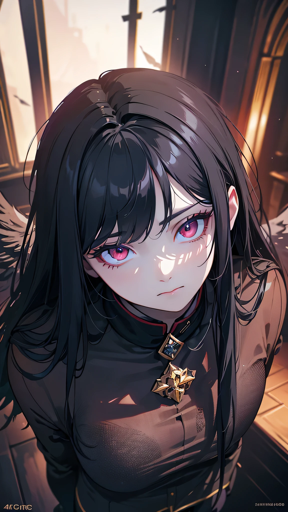 a young woman of 18 years old, wearing military uniform, long black hair, red eyes, demonic horns, demonic wings, dilapidated church, many black feathers floating, gothic, fantasy, cinematic lighting, dark, (best quality,4k,8k,highres,masterpiece:1.2),ultra-detailed,(realistic,photorealistic,photo-realistic:1.37),extremely detailed eyes and face,longeyelashes,professional,vivid colors, Draw the whole picture, looking down from above