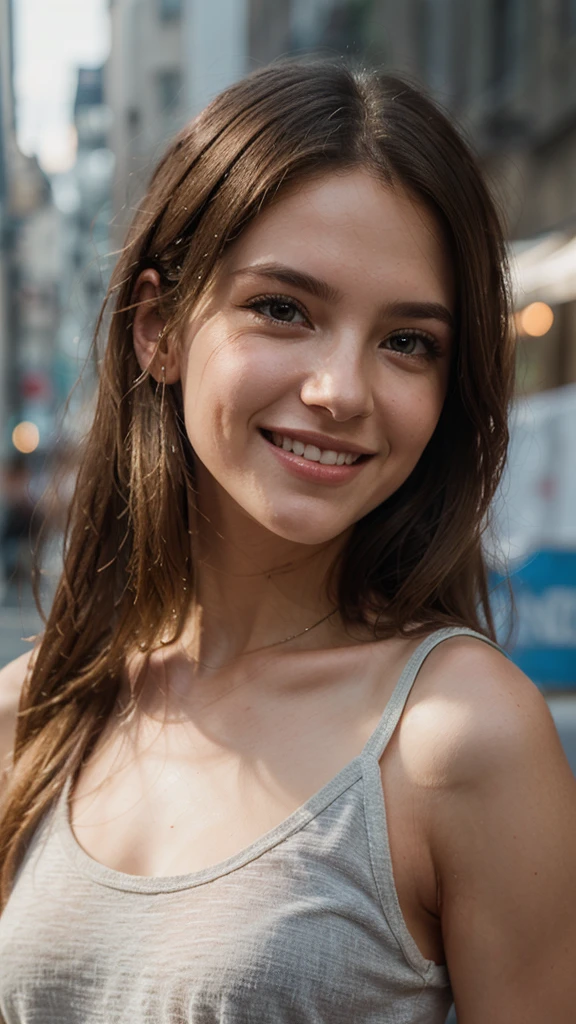@blonde, Girl 23 years old, slim, happy grin, long and blonde hair, rosto angelical, eyes large, profile photo not instagram, facefocus, hyper realist, best qualityer, high qualiy, greg rutkowski, Dom Casmurro shading, cinematic