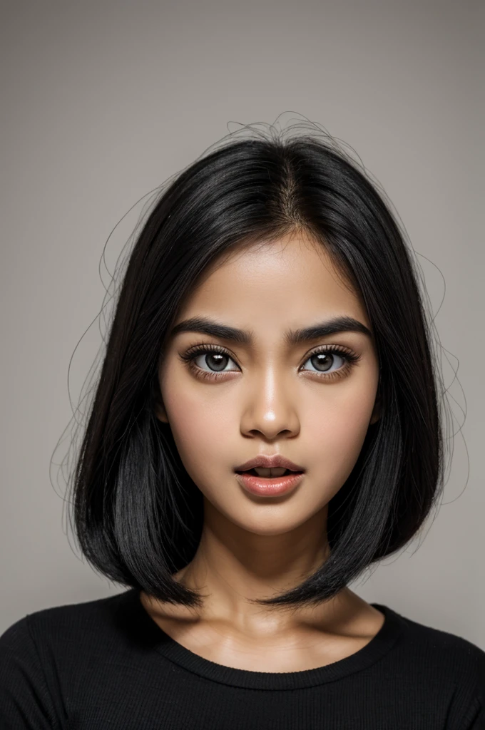 Real image woman black hair brown eyes, Oval face, White skin, big eyes big mouth