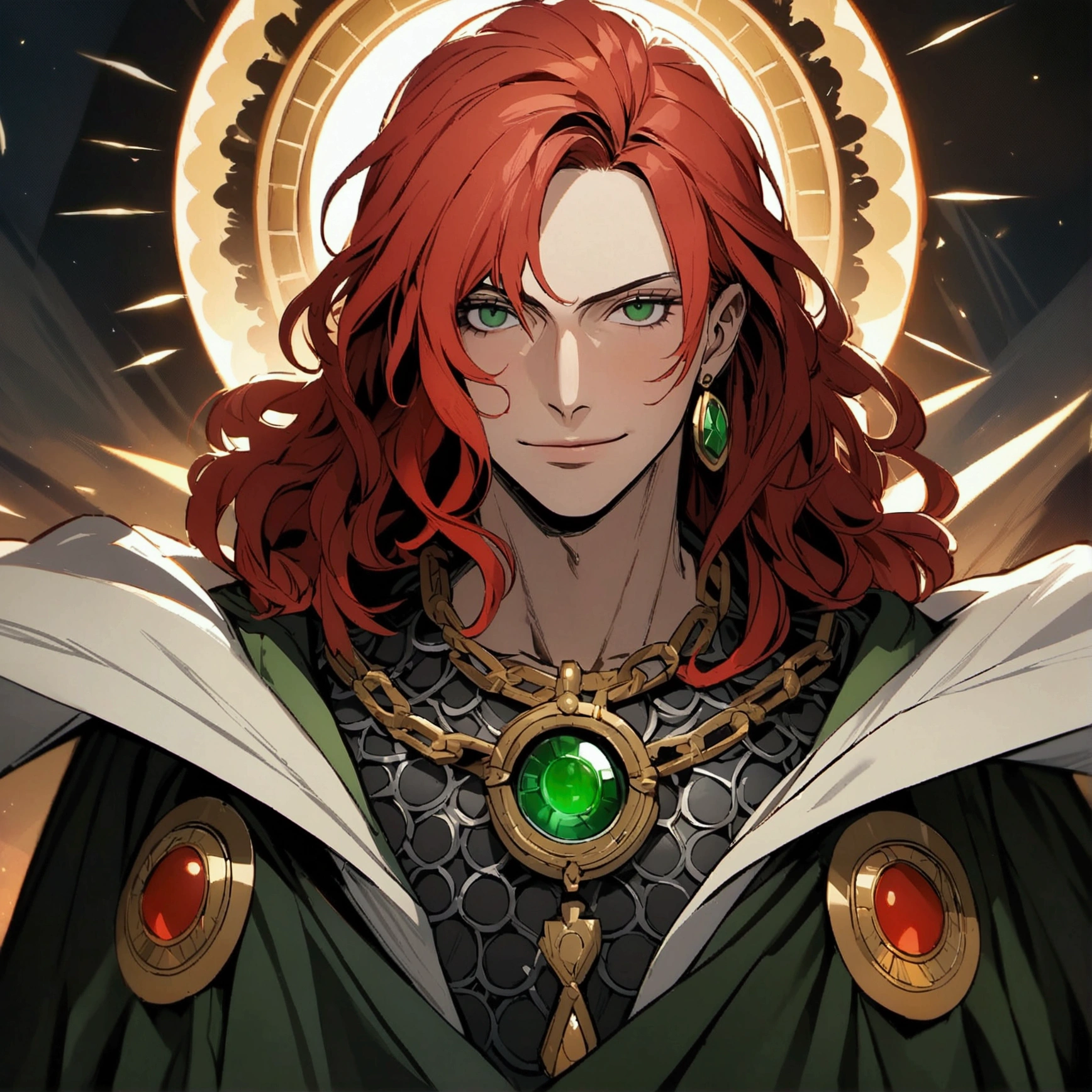 Man, strong and robust body, long red hair, green eyes, chain mail, green earrings, solar amulet, cleric's robe, calm expression, calm smile "One Piece character portrait, insanely detailed, 4K resolution, high-octane rendering, boasting high-resolution clarity, magical and intricate backgrounds, dramatic and stunning lighting, full of creative details, in the style of Disco Elysium –S 750 –V 5.1"