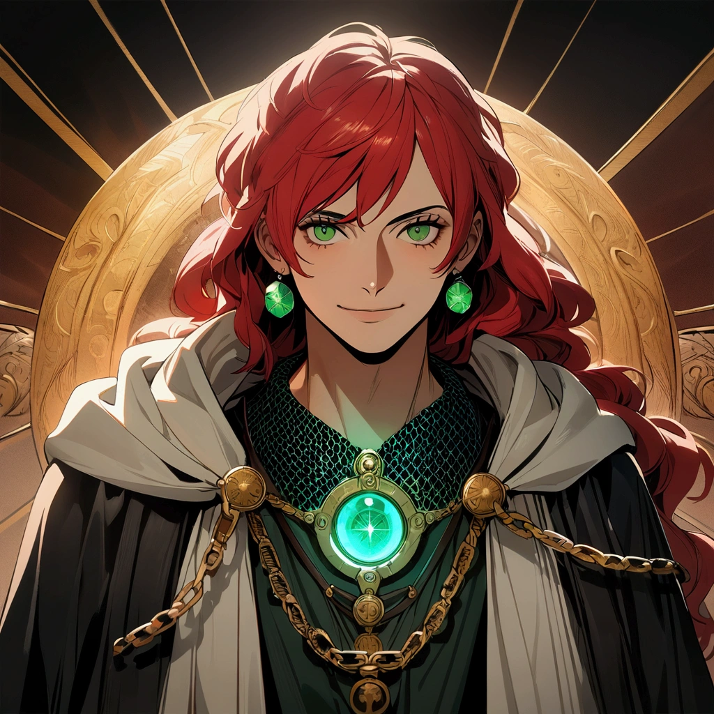 Man, strong and robust body, long red hair, green eyes, chain mail, green earrings, solar amulet, cleric's robe, calm expression, calm smile "One Piece character portrait, insanely detailed, 4K resolution, high-octane rendering, boasting high-resolution clarity, magical and intricate backgrounds, dramatic and stunning lighting, full of creative details, in the style of Disco Elysium –S 750 –V 5.1"