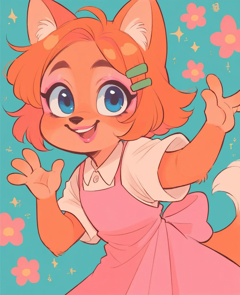 little fox, kid girl fox, ginger hair, ginger fur, blue eyes, cute kid, 4 fingers, kid, pink cute dress dress, pink makeup, pink lipstick, hair clips, pink boots, pentyhose, alone