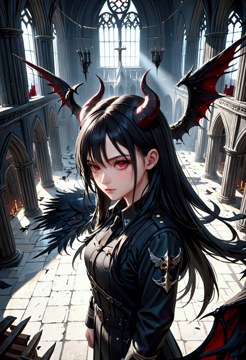 a young woman of 18 years old, wearing military uniform, long black hair, red eyes, demonic horns, demonic wings, dilapidated church, many black feathers floating, gothic, fantasy, cinematic lighting, dark, (best quality,4k,8k,highres,masterpiece:1.2),ultra-detailed,(realistic,photorealistic,photo-realistic:1.37),extremely detailed eyes and face,longeyelashes,professional,vivid colors, Draw the whole picture, looking down from above