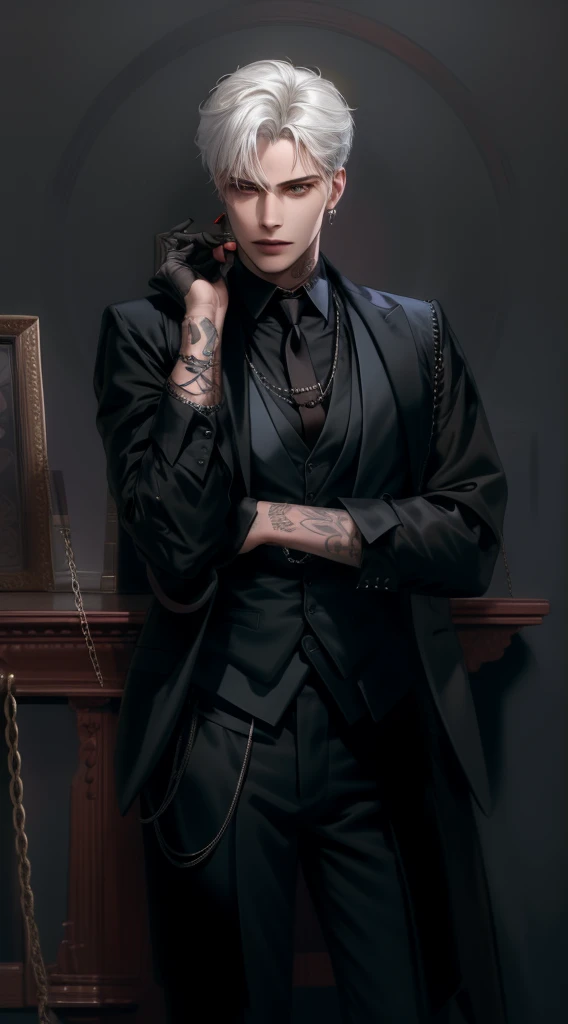 (masterpiece,best quality,ultra_detailed,highres,absurdres),1boy, male focus, tattoo, solo, white hair,chain, shirt, black necktie, necktie, simple background, yellow eyes, upper body, vest, short hair, looking at viewer, parted lips, collared shirt, round eyewear, long sleeves, neck tattoo, hand on own shoulder, arm tattoo, black shirt, red background, brown vest, monocle, jewelry (looking away:1.2)