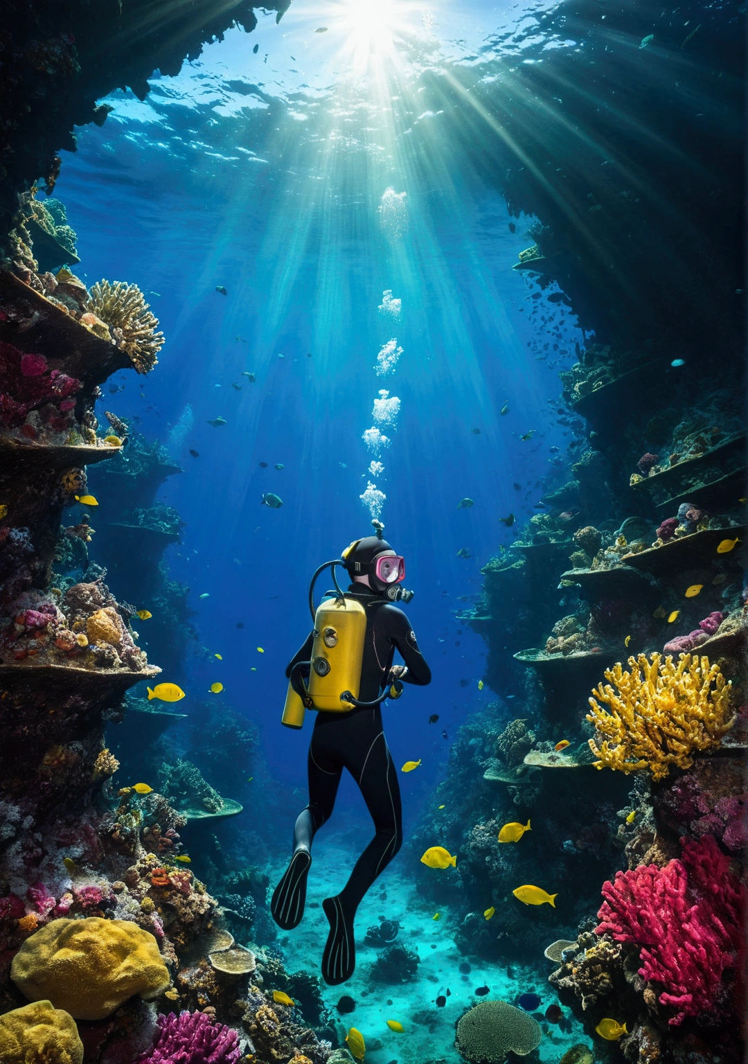 Ghibli(High resolution:1.2,超High resolution,In the water),Amy Rose,scuba diving,shipwrecks,Shimizu,Coral Reef,Fish swimming,Light of the sun,Deep Sea Exploration,adventure,Explore the unknown,Diving equipment,Diving Mask,Flippers,Wetsuits,In the water world,Life at sea,Diver,depth,In the water photography,colorful,Remote location,adventure sport,shipwrecks exploration,rich bioDiversity,Vibrant colors,Detailed Texture,Water surface reflection,Sunlight passing through water,Exploration,depth perception,A thrilling experience