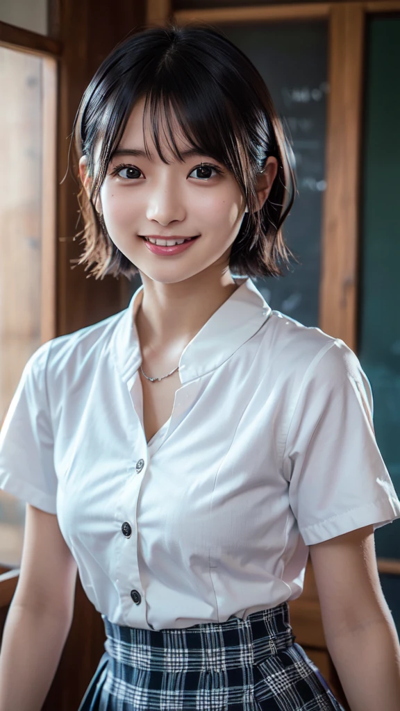 Highest quality, masterpiece, Ultra-high resolution, (Realistic:1.3), RAW Photos, (Upper Body), (18-year-old), (Glowing Skin), (short hair, Black Hair), (Ultra detailed face), (Highly detailed eyes), (Highly detailed nose), (Highly detailed mouth), (Very skilled hands), (Super-detailed body), Nikon, 85mm lens, f9.0, Pan Focus、White blouse,(Pleated Check Mini Skirt),Wooden classroom,(((A very cute face like a top Japanese idol)))、(((smile)))