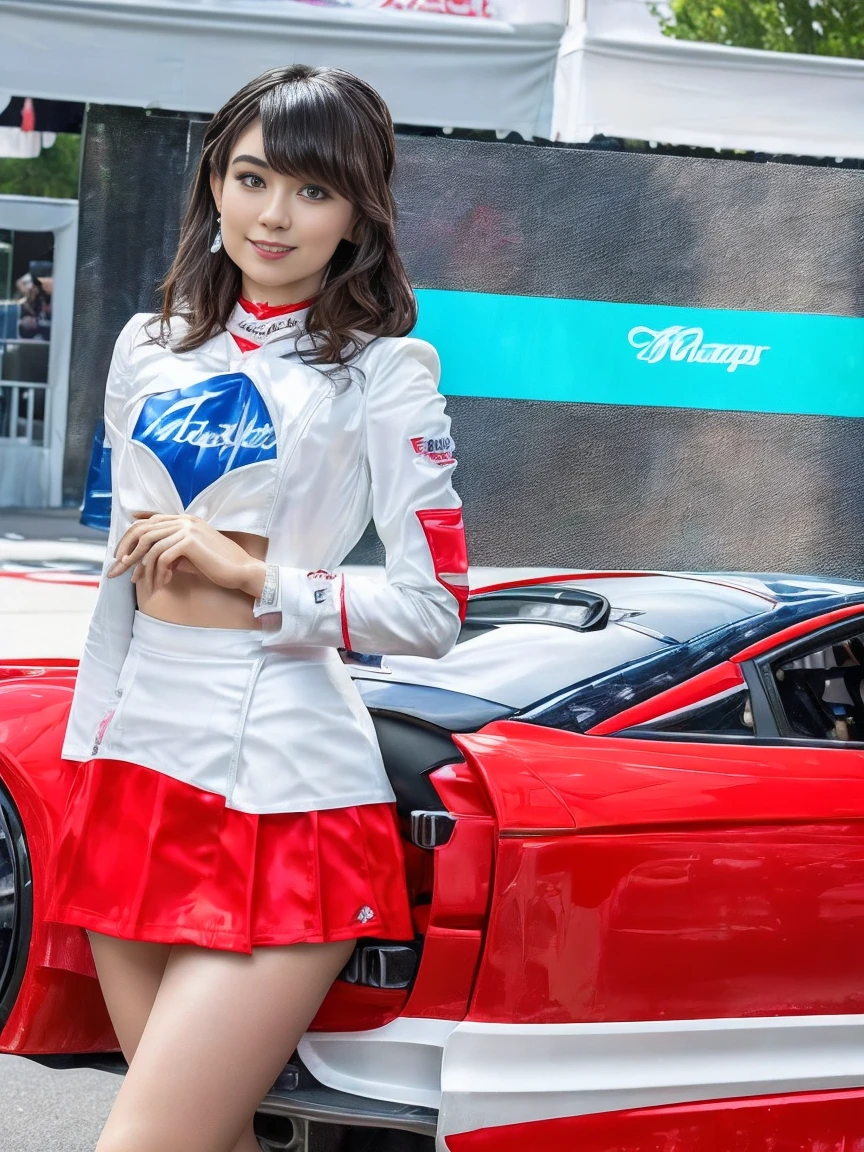 (masterpiece), ( MotoGP Racing Girls), (eyeliner:0.5),(blush:0.5), Black Hair, A faint smile, beautifully繊細な少女を指す, Highly detailed eyes and face, beautifully繊細な目, , ((Event List)), (MotoGP track background), (Highest quality, High resolution, reality, original, 8k,masterpiece, ),(((Dynamic pose))),(((Center Perspective))),(((Show the underside of the chest ))),(((Red miniskirt lift))),(((Bare inner thighs))),(((F1 cars on display))), (Vibrant colors:1.2), (beautifully),