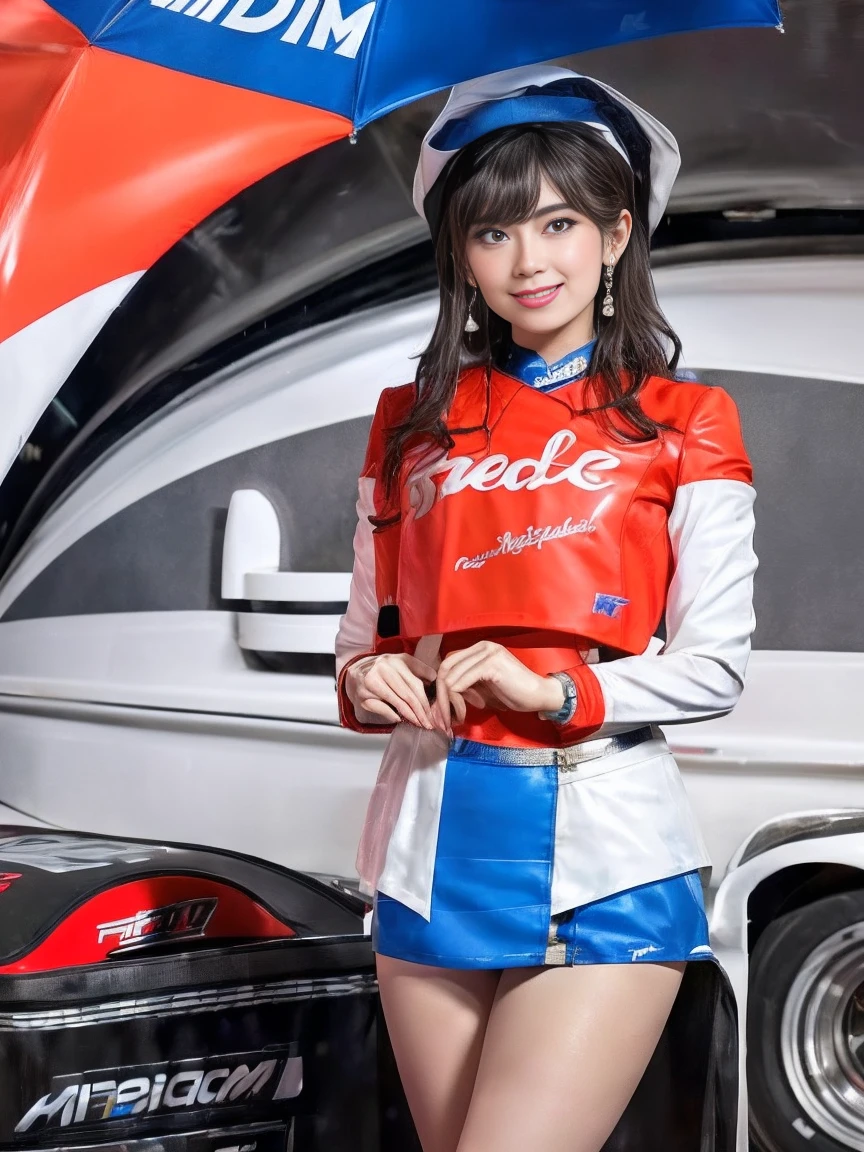 (masterpiece), ( MotoGP Racing Girls), (eyeliner:0.5),(blush:0.5), Black Hair, A faint smile, beautifully繊細な少女を指す, Highly detailed eyes and face, beautifully繊細な目, , ((Event List)), (MotoGP track background), (Highest quality, High resolution, reality, original, 8k,masterpiece, ),(((Dynamic pose))),(((Center Perspective))),(((Show the underside of the chest ))),(((Red miniskirt lift))),(((Bare inner thighs))),(((F1 cars on display))), (Vibrant colors:1.2), (beautifully),