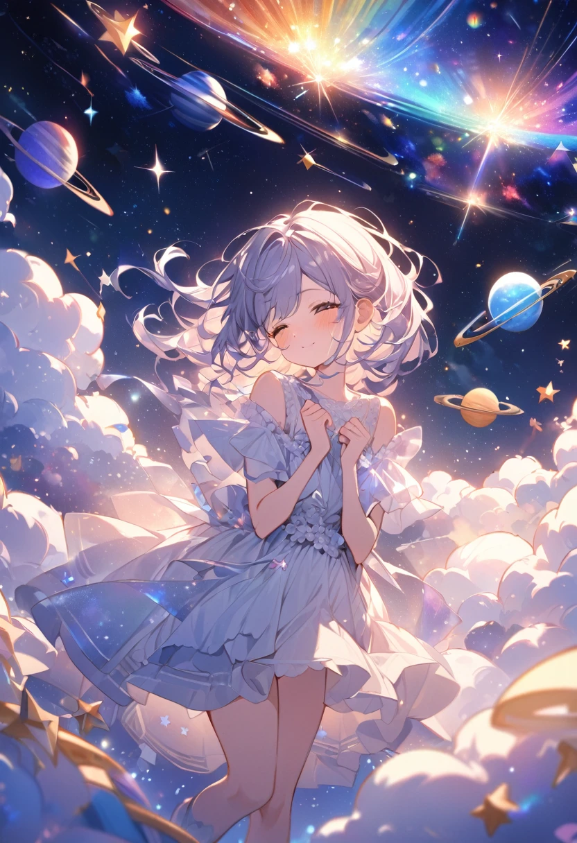 Attention to detail, Super Detail, Ultra-high resolution, A girl having a good time in a dream galaxy, Surrounded by stars, The warm light that shines on her, The background is a starry sky with colorful galaxies and galactic clouds, The stars fly around her, Delicate face, Add a playful touch , 