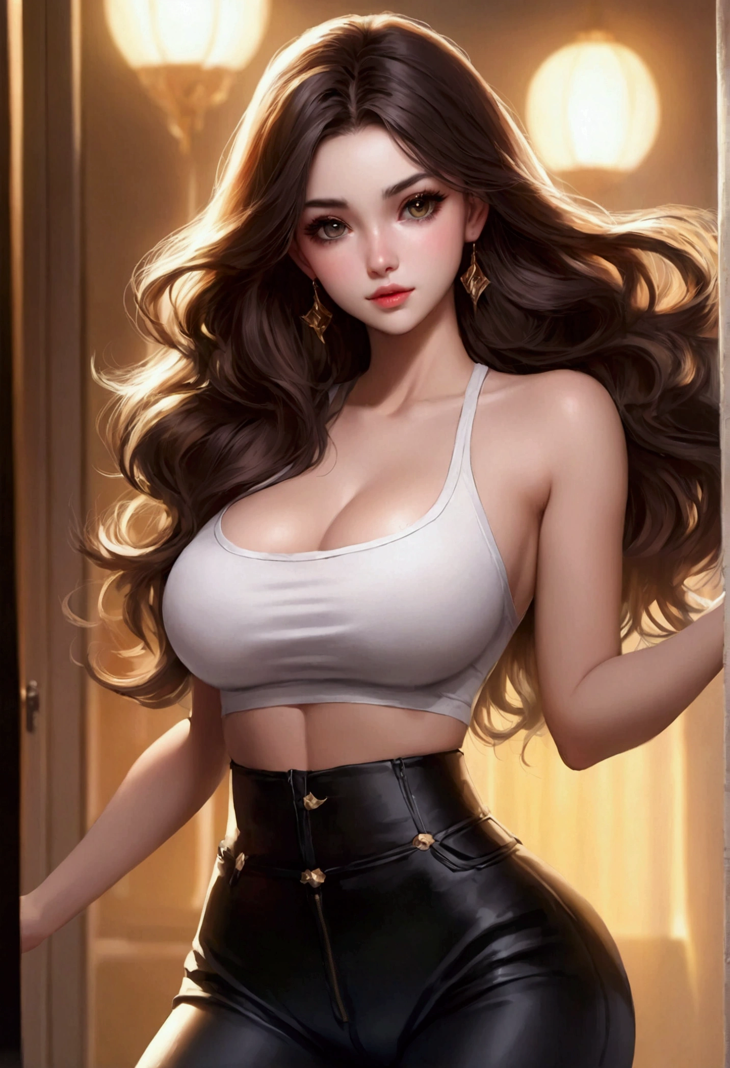 Create an image of the most stunningly gorgeous beautiful perfect sexy young girl, Stunningly gorgeous perfect face, perfect makeup, gigantic breast, super slim waist, small hips, perfect round ass, taterd clothes