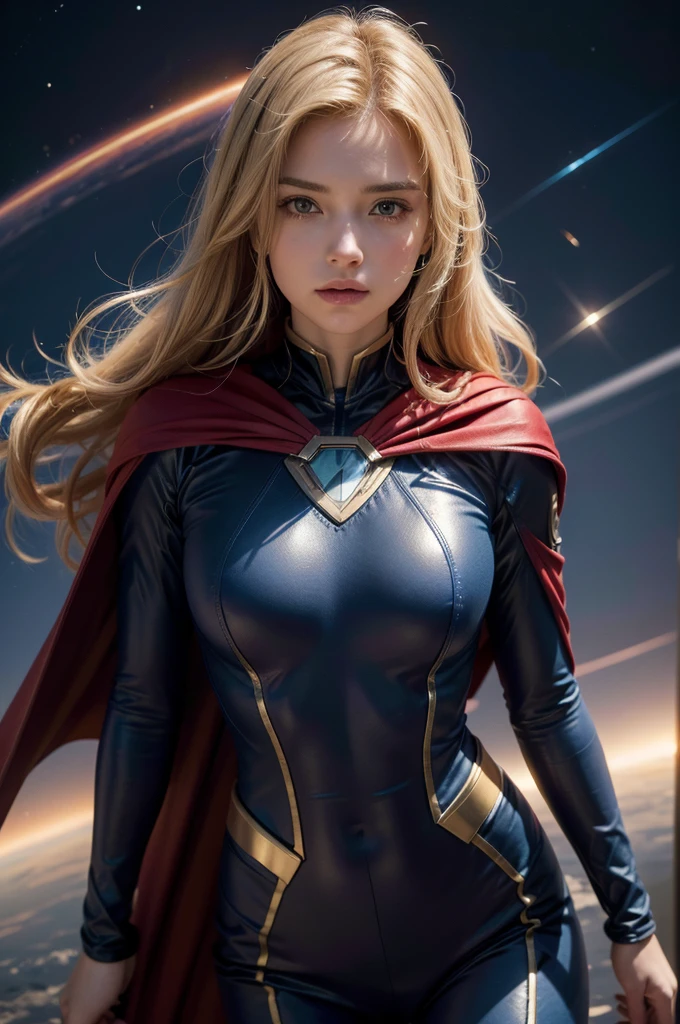 a beautiful girl in a traditional blue superhero suit with a red cape, flying in space with planets in the background, detailed facial features, flowing blonde hair, dynamic action pose, smooth curves, (best quality,4k,8k,highres,masterpiece:1.2),ultra-detailed,(realistic,photorealistic,photo-realistic:1.37),cinematic lighting,dramatic atmosphere,hyperrealistic,digital art