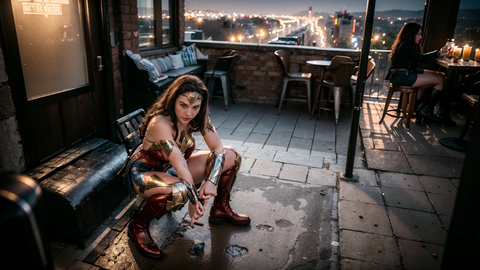 ((masterpiece), (solo character), (photorealistic:1.4), ),(best quality), (epiCRealLife), (g4lg), (wonder woman bra top), (g4lg show abs), (g4lg show cleavages), (Gal Godot in wonder woman costume), (lora:epiCFlashPhoto),(flashphoto), (flash photography) (look at viewers), (outdoor), (Eifel Tower), (night time), (city night lights), (in a street coffee shop), (street view), (sitting on chair), (coffee table), , (wonder woman boots)