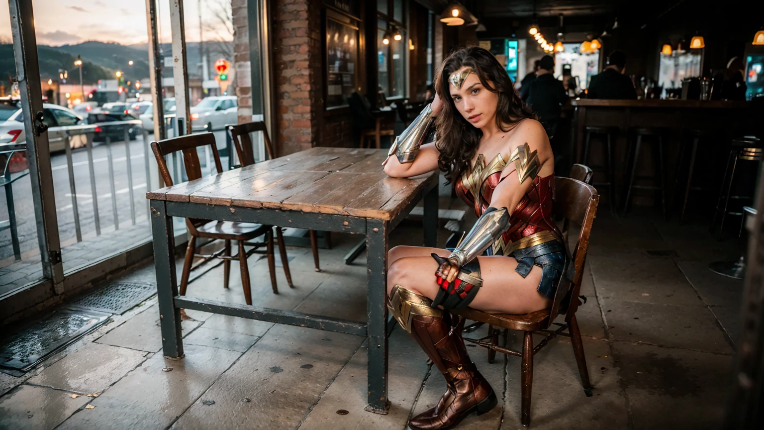 ((masterpiece), (solo character), (photorealistic:1.4), ),(best quality), (epiCRealLife), (g4lg), (wonder woman bra top), (g4lg show abs), (g4lg show cleavages), (Gal Godot in wonder woman costume), (lora:epiCFlashPhoto),(flashphoto), (flash photography) (look at viewers), (outdoor), (Eifel Tower), (night time), (city night lights), (in a street coffee shop), (street view), (sitting on chair), (coffee table), , (wonder woman boots)
