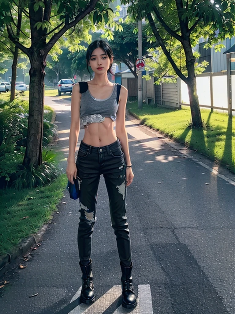 ((smallunderboob,Tomboyish,small heads)), (Well-defined abs: 1.1), (perfect bodies: 1.1), (short-length straighthair: 1.2), Black hair, busty girl, upper body photos, attractive collarbone，navel，（Extremely detailed CG 8k wallpaper），（Extremely refined and beautiful), (tmasterpiece），（best qualtiy：1.0），（超A high resolution：1.0），beautiful light up，Perfect lightning，realistic shaded，[A high resolution]，Smooth and flawless fair skin，ultra - detailed ，Light gray vest，Very tattered black beggar pants，There are a lot of particularly large holes in the pants，black military boots，Elongated legs，flatchest，Slim，emaciated, on the roadside, are standing，Dusk light，summertime, dense with greenery